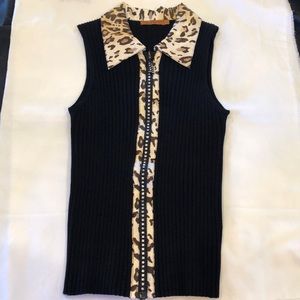 Black sleeveless ribbed top with animal print collar and bedazzled zipper